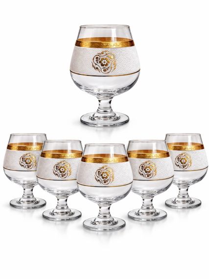 Set 6 pahare coniac din sticlă cu decor auriu 