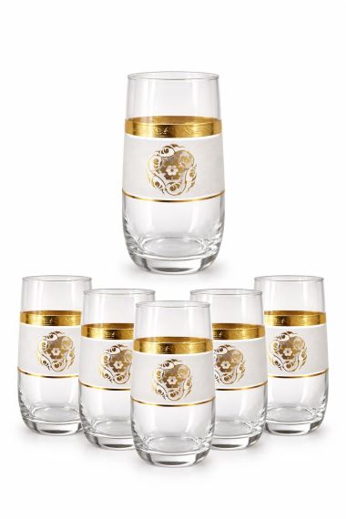 Set 6 pahare apă din sticlă cu decor auriu