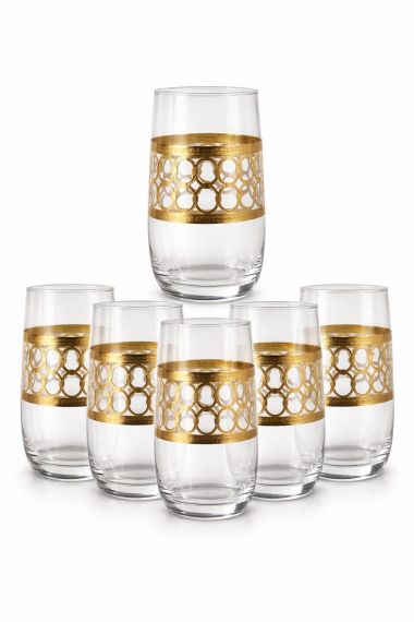 Set 6 pahare apă din sticlă cu decor auriu