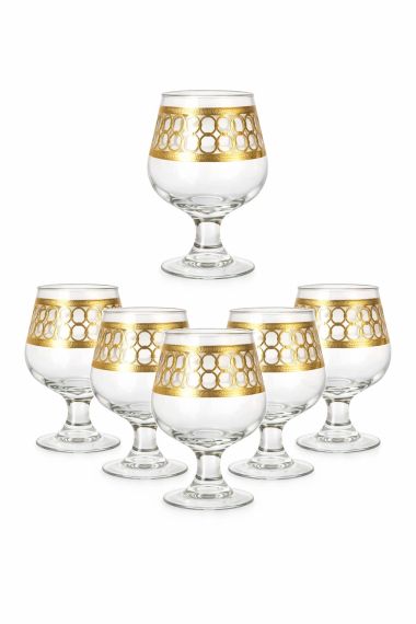 Set 6 pahare coniac din sticlă cu decor auriu