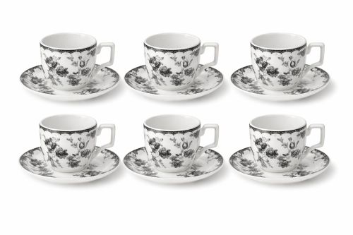 Set Cești Cafea/Ceai 6 Persoane, 12 Piese, Ceramică, Model Floral Alb/Negru