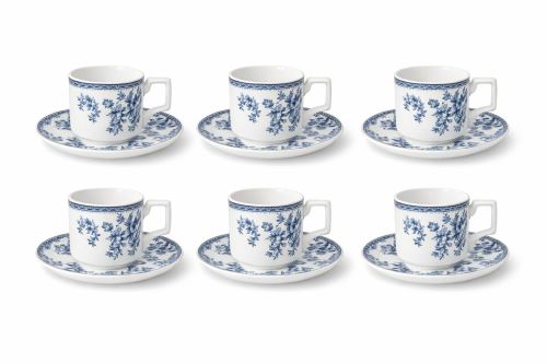 Set Cești Cafea/Ceai 6 Persoane, 12 Piese, Ceramică, Model Floral Alb/Albastru