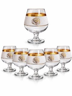 Set 6 pahare coniac din sticlă cu decor auriu 