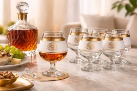 Set 6 pahare coniac din sticlă cu decor auriu 
