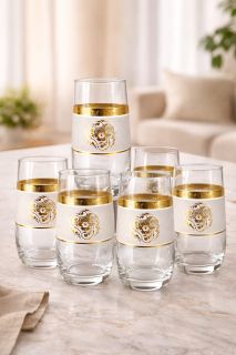 Set 6 pahare apă din sticlă cu decor auriu