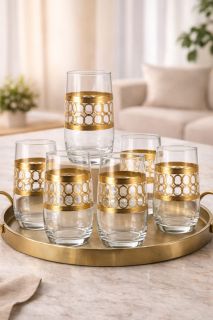 Set 6 pahare apă din sticlă cu decor auriu