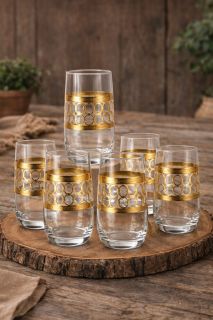 Set 6 pahare apă din sticlă cu decor auriu