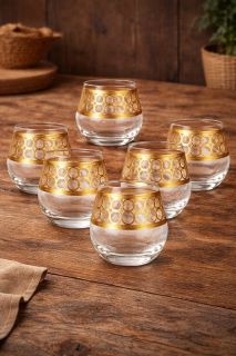Set 6 pahare whisky din sticlă cu decor auriu 