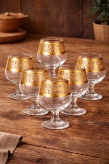Set 6 pahare coniac din sticlă cu decor auriu