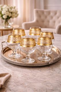 Set 6 pahare coniac din sticlă cu decor auriu