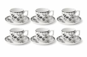 Set Cești Cafea/Ceai 6 Persoane, 12 Piese, Ceramică, Model Floral Alb/Negru