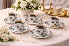 Set Cești Cafea/Ceai 6 Persoane, 12 Piese, Ceramică, Model Floral Alb/Negru