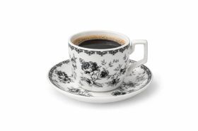 Set Cești Cafea/Ceai 6 Persoane, 12 Piese, Ceramică, Model Floral Alb/Negru