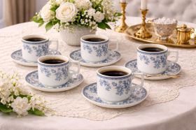 Set Cești Cafea/Ceai 6 Persoane, 12 Piese, Ceramică, Model Floral Alb/Albastru