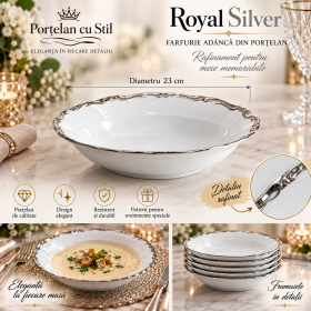 Farfurie adâncă Royal Silver din porțelan, bordură argintie – 23 cm