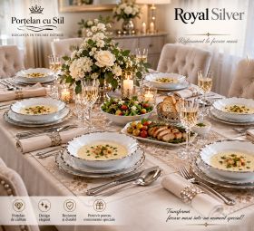 Farfurie adâncă Royal Silver din porțelan, bordură argintie – 23 cm