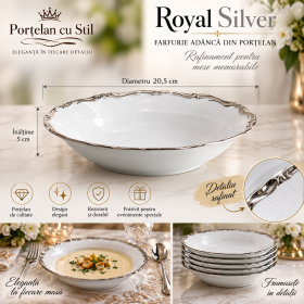 Farfurie adâncă Royal Silver din porțelan, bordură argintie – 20,5 cm