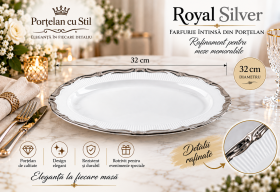 Platou oval din porțelan Royal Silver, bordură argintie – 32 × 22 cm ✨
